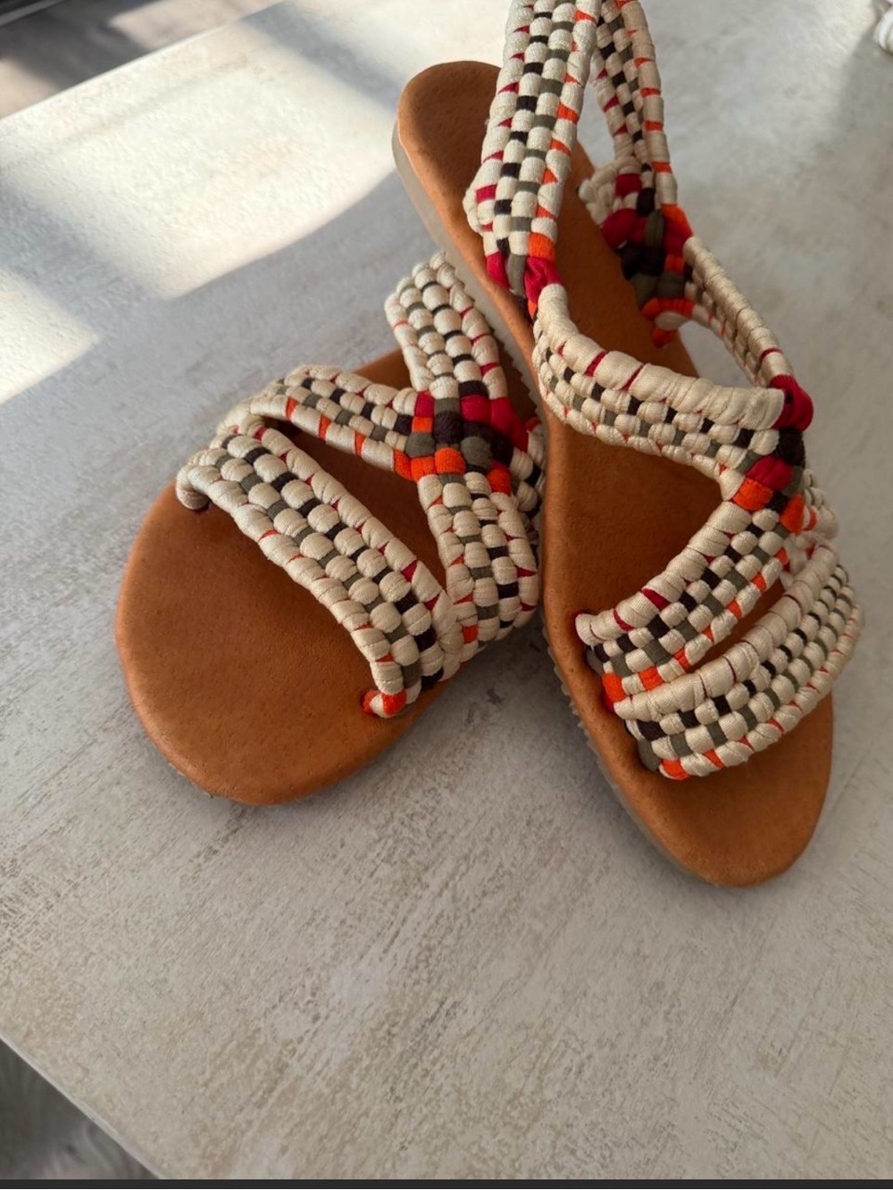 Braided Slingback Sandals in Tan with Orange & Green Accents